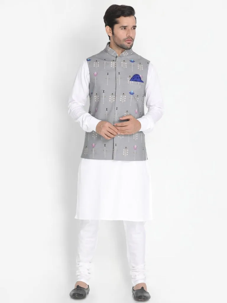 VASTRAMAY Men's Grey Silk Blend Ethnic Jacket