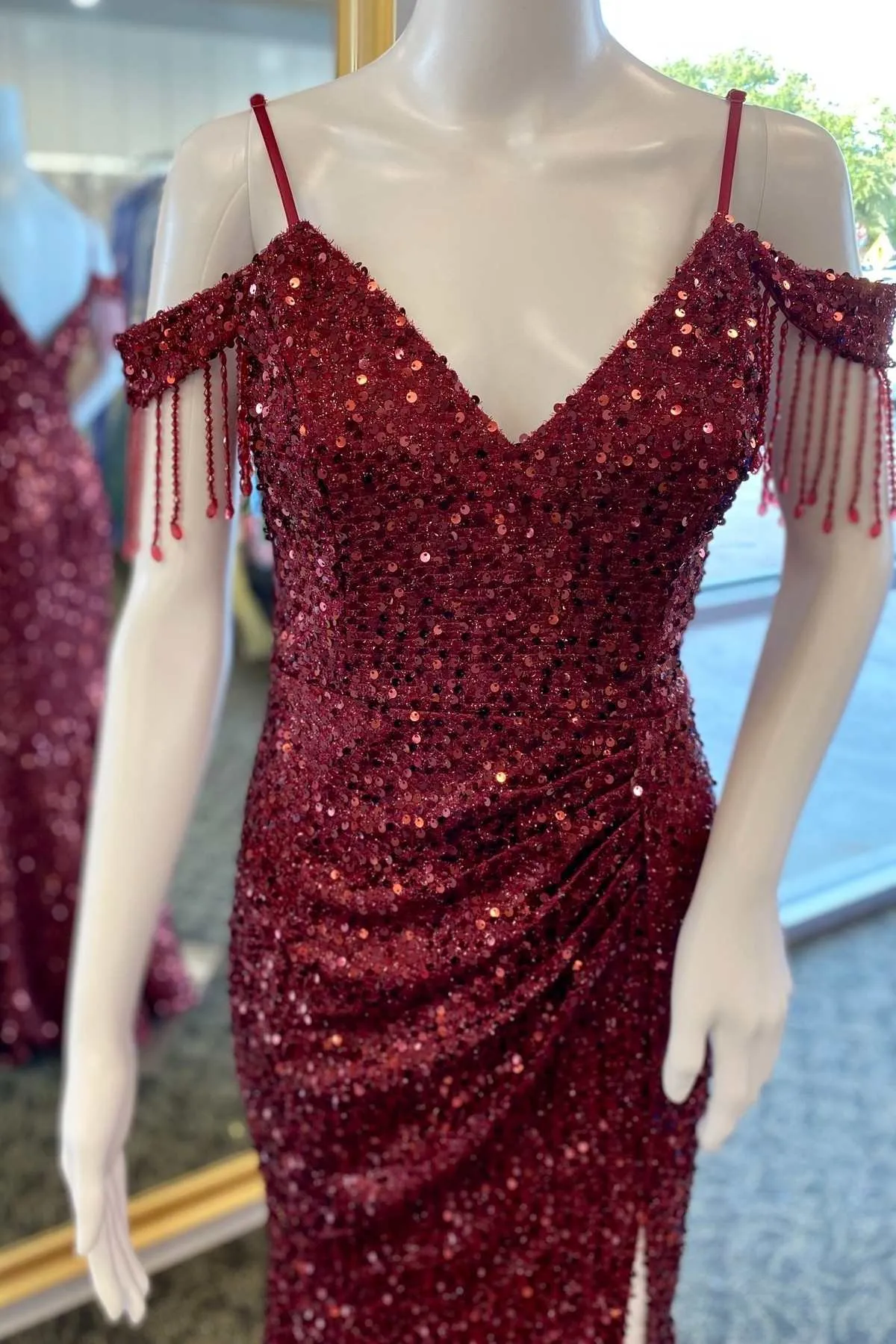 Wine Red Sequin Fringe Cold-Shoulder Long Prom Dress with Slit