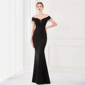 Women Black Appliques Beading Long Evening Dress Elegant Off Shoulder Formal Party Prom Dress