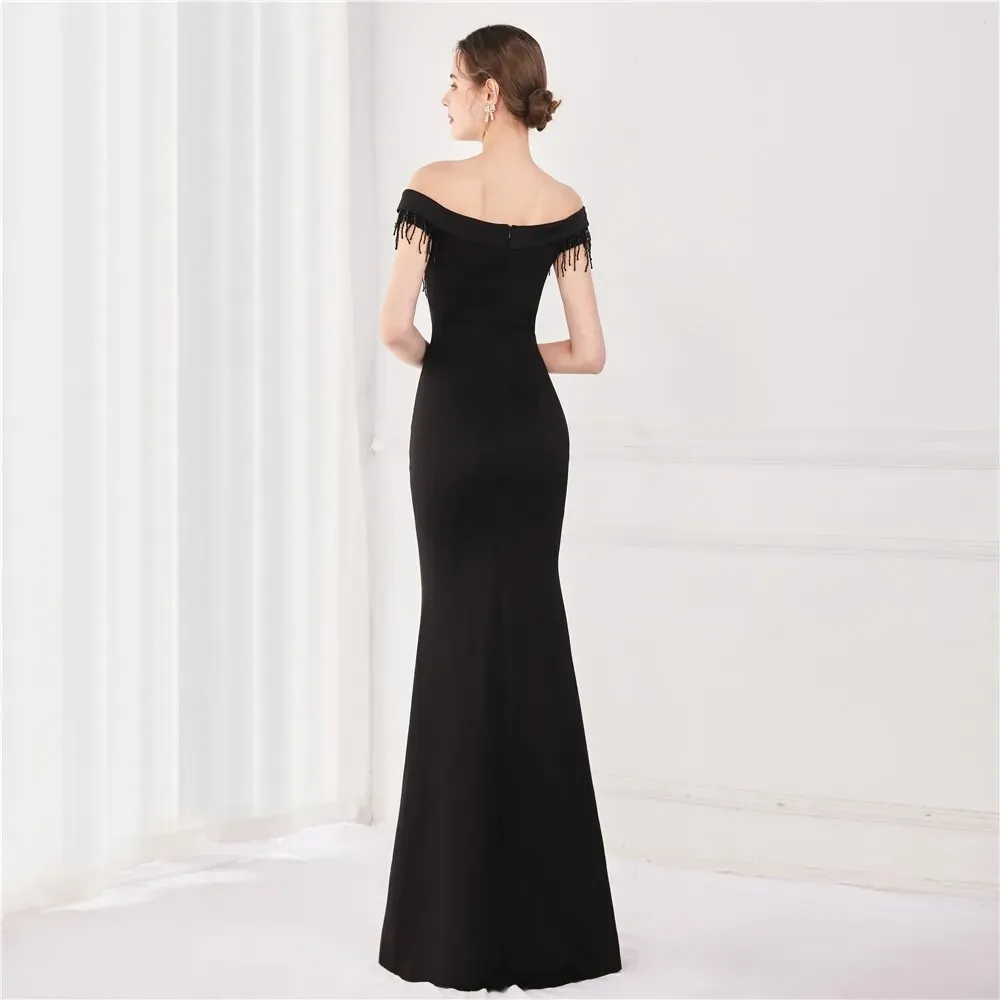 Women Black Appliques Beading Long Evening Dress Elegant Off Shoulder Formal Party Prom Dress