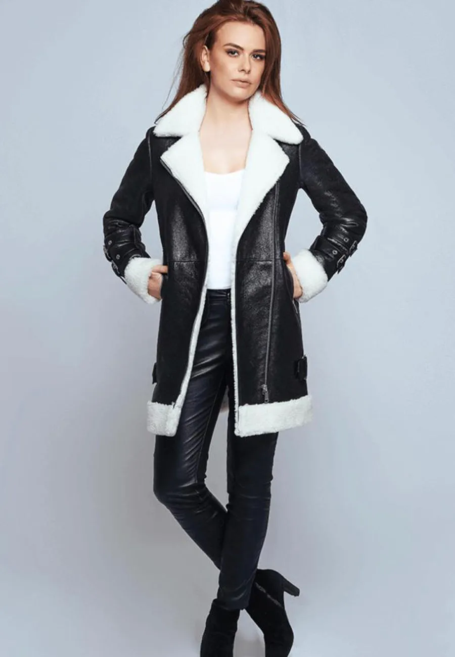 Women's Black Leather White Shearling Long Coat