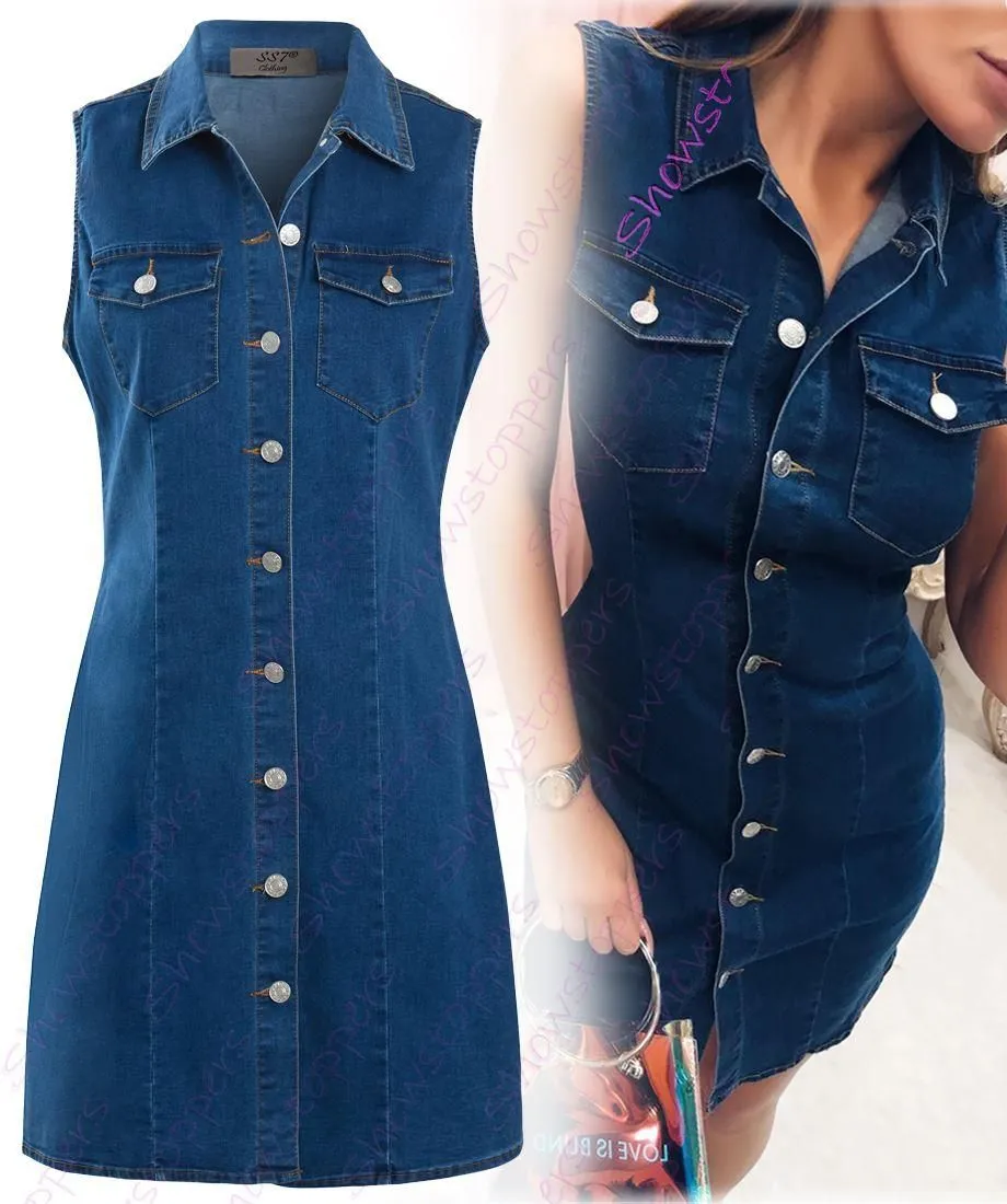 Womens Denim Dress Ladies Stretch Sleeveless Shirt Dresses Size 8 10 12 14 16 Blue