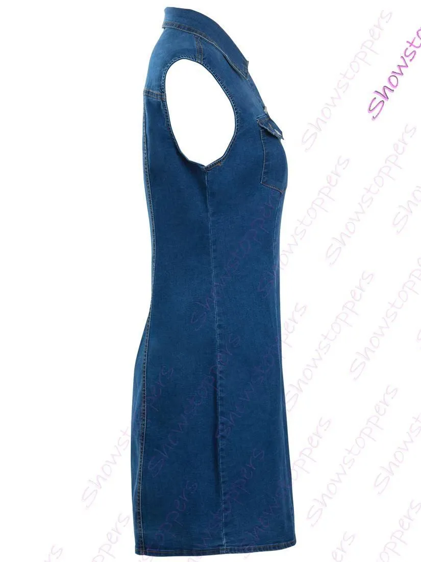 Womens Denim Dress Ladies Stretch Sleeveless Shirt Dresses Size 8 10 12 14 16 Blue