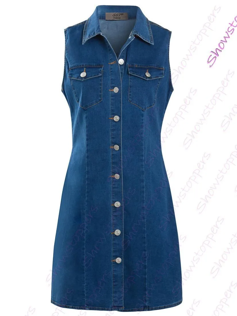 Womens Denim Dress Ladies Stretch Sleeveless Shirt Dresses Size 8 10 12 14 16 Blue