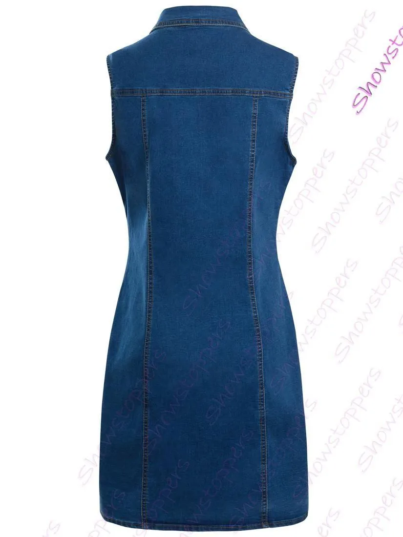 Womens Denim Dress Ladies Stretch Sleeveless Shirt Dresses Size 8 10 12 14 16 Blue