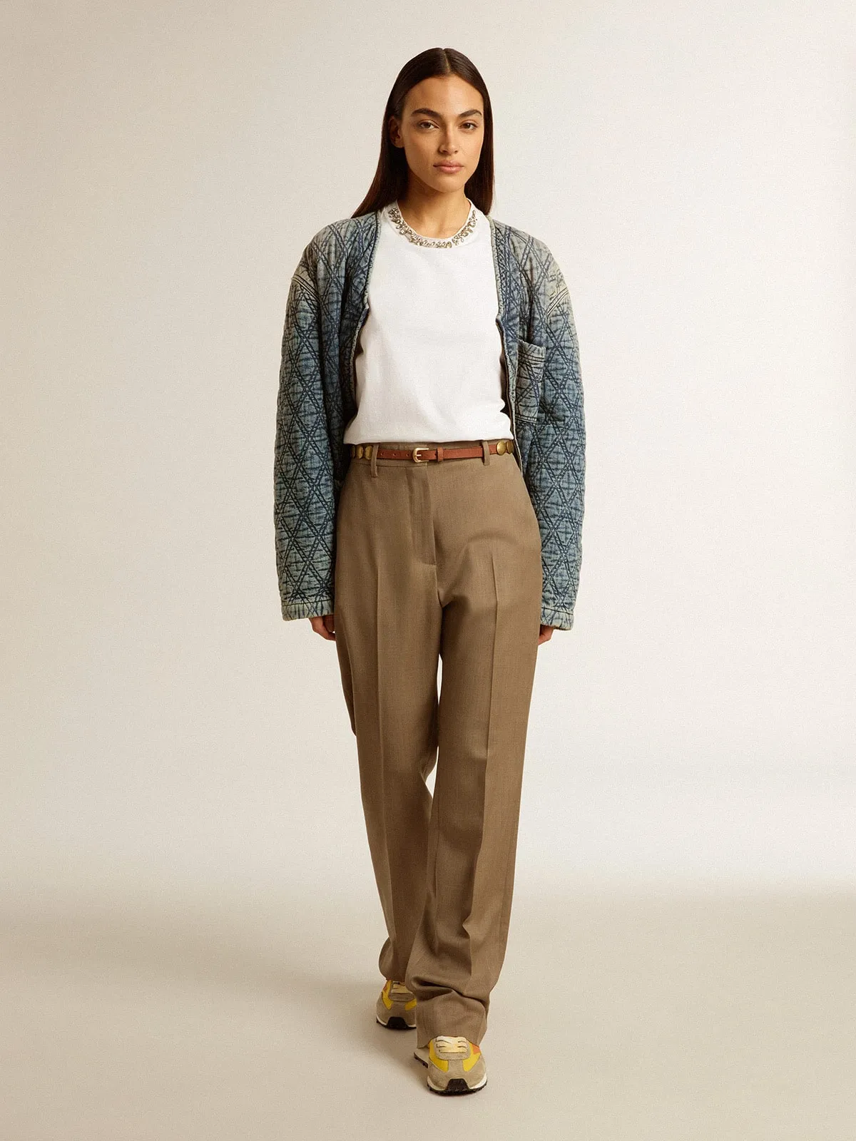 Women's pants in dove-gray tailored wool fabric